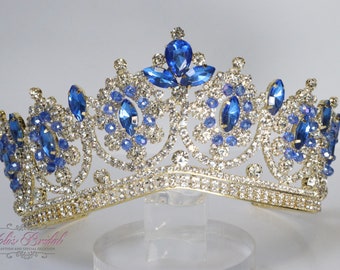 SNELLE VERZENDING!!! Goud met Royal Blue Tiara, prachtige gouden tiara, hoge blauwe kroon, Quinceañera tiara, blauwe tiara, schoonheid Peagent, bruids