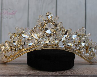¡ENVÍO RÁPIDO! Tiara de boda dorada, tiara nupcial dorada con cristales, corona nupcial dorada, tiara de princesa, corona de quinceañera, corona brillante para dulces 16.