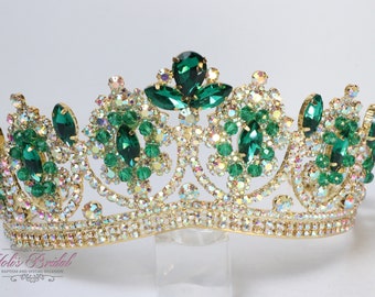 FAST Shipping!! Gold with Green and AB stones Tiara, Gorgeous Gold Tiara, Stunning Sparkle Girl Tiara, Communion Princess Girl