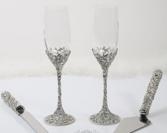 Swarovski Crystal Wedding toast Set, Champagne Glasses, Weeding Toasting flutes, Cake server Set, Cake Knife and Server Set