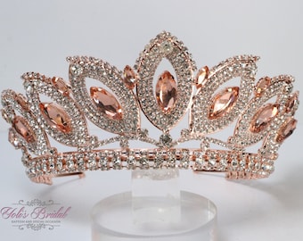 ¡Envío rápido! Hermosa Tiara de Oro Rosa, Corona de Boda, Corona de Cristal, Dulce 16, Quinceañera, Tiara de Oro Rosa, Corona de Rosas, Concurso de Belleza