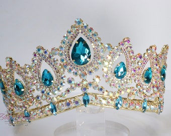 SNELLE VERZENDING!!! Gouden AB met turquoise stenen Tiara, prachtige gouden tiara, prachtige Sparkle Girl Tiara, communie prinses meisje, bruids
