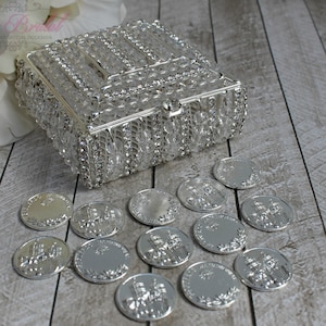 FAST SHIPPING!! Beautiful Sparkling Silver Bridal Arras, Gorgeous Crystal Silver Wedding Arras Box, Stunning Sparkle Bride Unity Coins Set