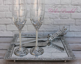 FAST SHIPPING!!! Swarovski Crystal Wedding toast Set, Champagne Glasses, Bridal Toasting flutes, Wedding Tray, Cake Knife and Server Set