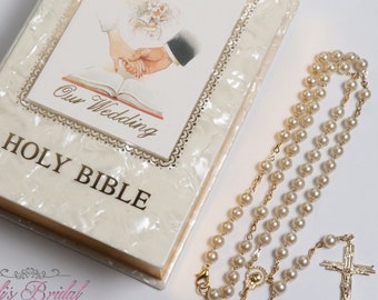 FAST SHIPPING!! Beautiful Bible with Rosary, Wedding Bible, Wedding Gift, Anniversary Gift, English Bible