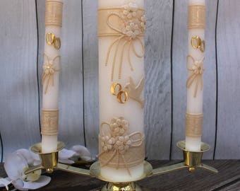 FAST SHIPPING!! Beautiful Gold Unity Candle Set with Gold Base Included in a Gorgeous Deluxe Box. Introductory Price until July 15th.