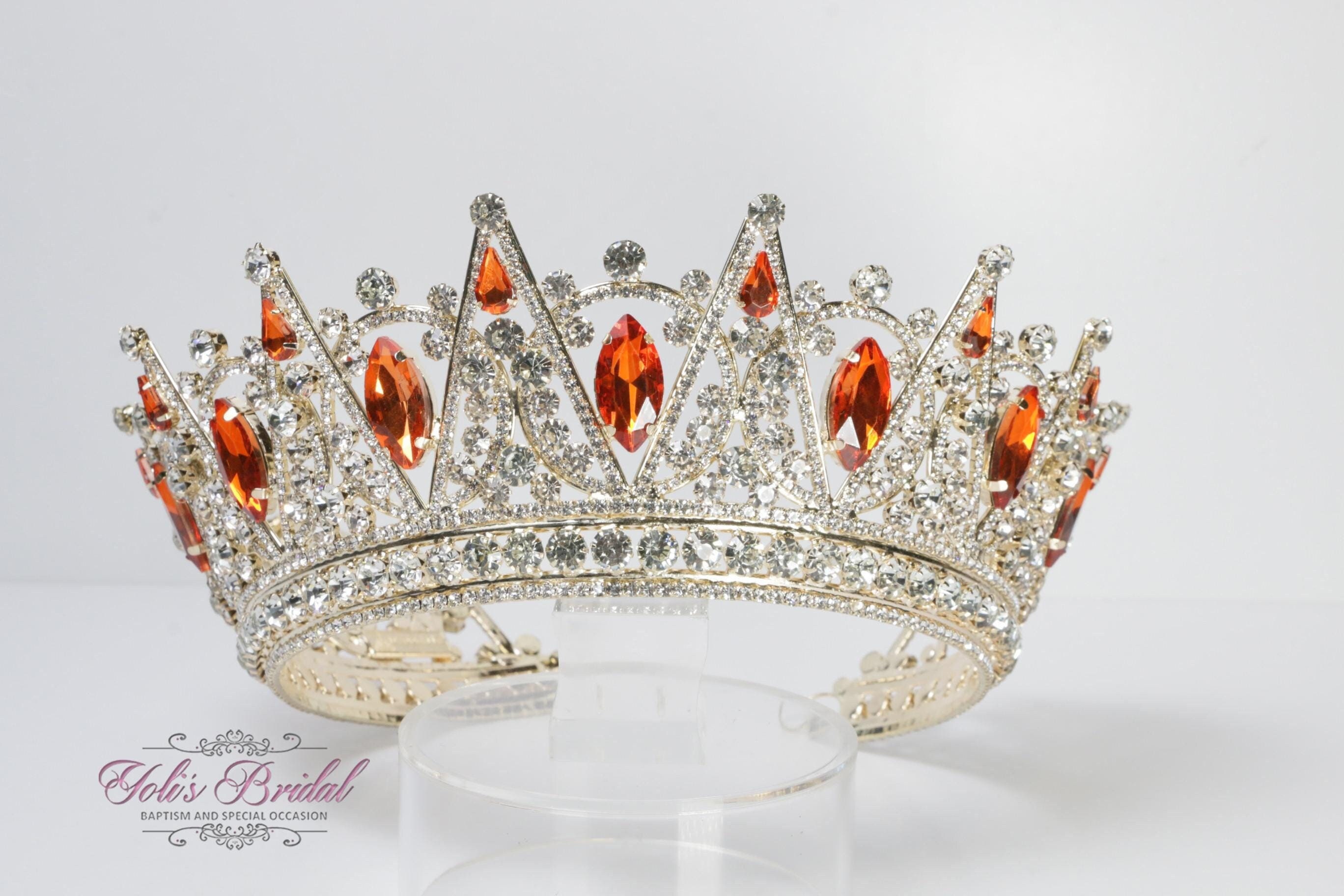 Gold Orange-Red Rhinestone Tiara Crown Burgundy Rhinestone Tiara, Girl main image 2