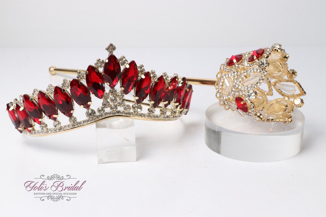 FAST SHIPPING Beautiful Girl Gold Tiara and Scepter With Red Stones