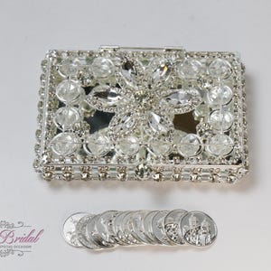 ENVÍO RÁPIDO Hermosos arreglos nupciales de plata brillante, hermosa caja de arreglos nupciales de cristal, impresionante caja de monedas de unidad de novia con brillo