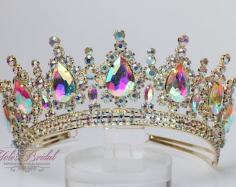 FAST Shipping!! Beautiful Gold Tiara with AB Stones, Wedding Crown, Crystal Crown, Sweet 16, Quinceañera, Gold AB Tiara, Gold Crown