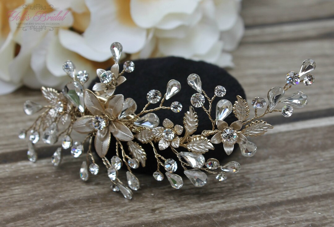 Gold Crystal Hair Comb Tiara Rosadoro - Bridal gold hair comb – Bella-Tiara main image 2