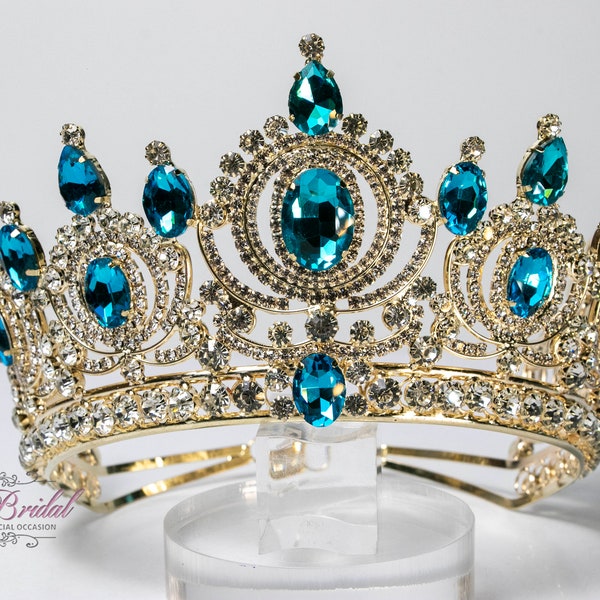 FAST SHIPPING! Gold Graceful Tiara with Turquoise and clear crystals, Wedding, Crown, Princess Tiara, Quinceañera, Sweet 16, Bridal, Pageant