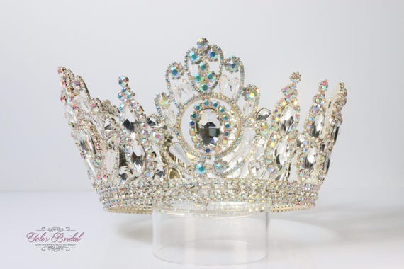 Gold Crystal Tiara Crown with Iridescent Stones Gold Royal Queen Crown: AB Crystal Rhinestone Wedding  main image 4