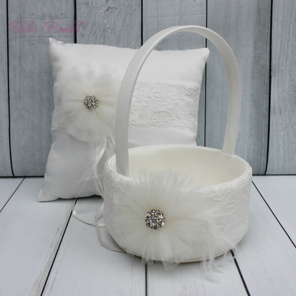 FAST SHIPPING!! Basket and Ring Pillow Set, Set includes Ring Bearer Pillow and Flower Girl Basket, Ivory Lace Ring Pillow, Off-White Basket