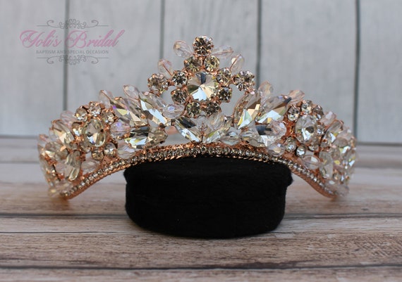 Sparkling Rose Gold Wedding Crown Stunning Crystal Bridal Tiara Sweet 16 XV Años 