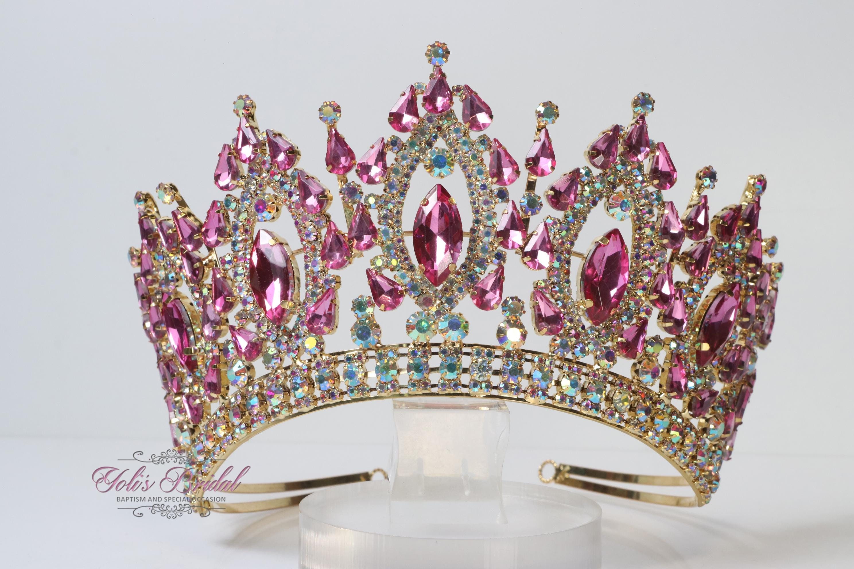 Fast Shipping!! Gold Fuchsia AB Stones Tiara, Beauty Pageant
