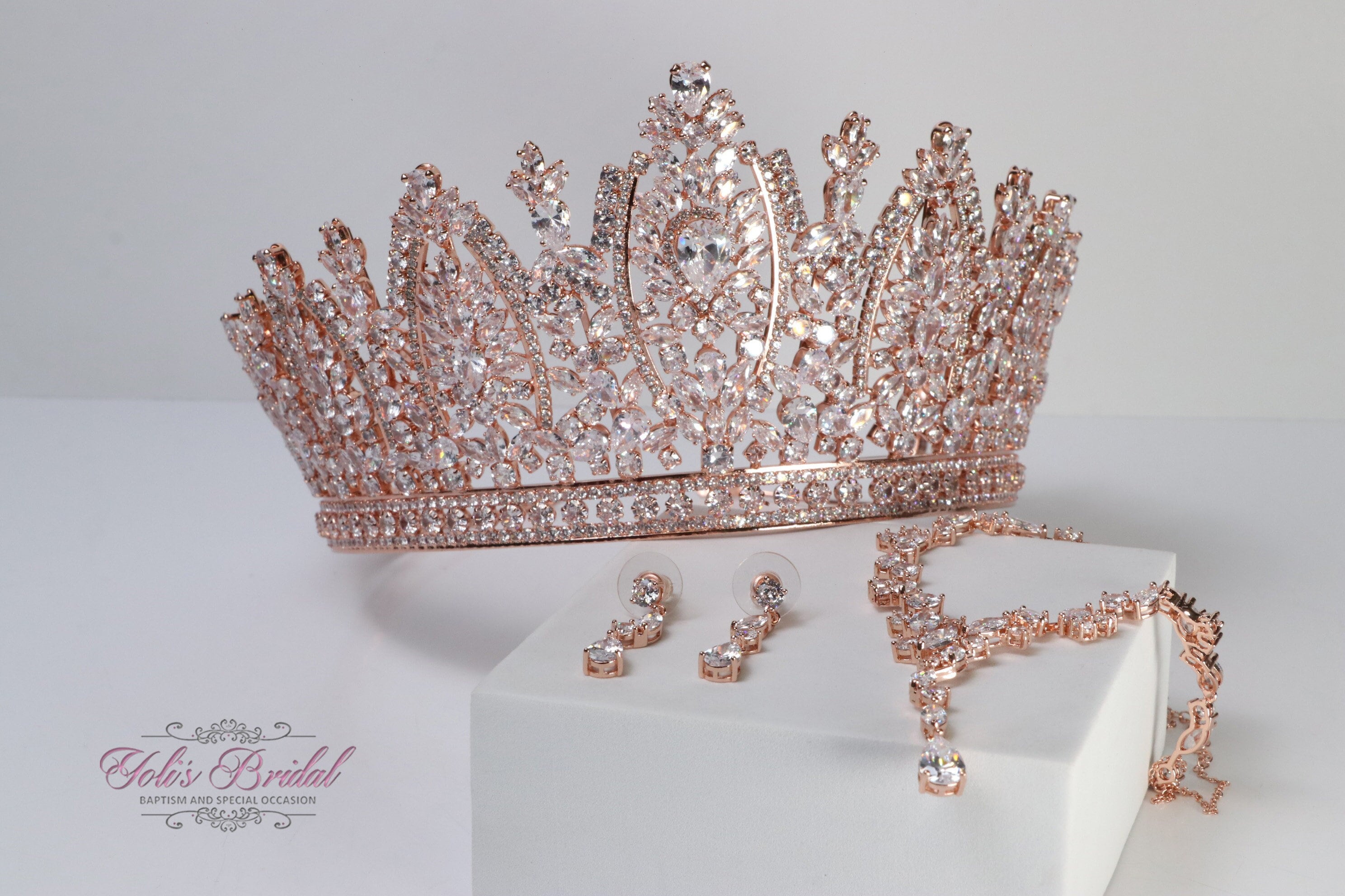 FAST SHIPPING!!! Zirconia Rose Gold Tiara with Jewelry Set, Quinceañera Tiara, Crystal Tiara, Crown Wedding Headpiece, Rose Gold Tiara