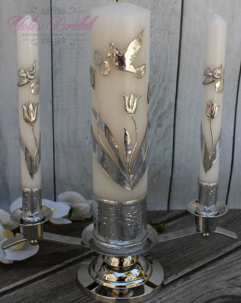 FAST SHIPPING Beautiful Silver Unity Candle Set with Silver Base Included in a Gorgeous Deluxe Box. Introductory Price until July 15th. image 2