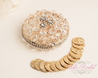 FAST SHIPPING!!! Beautiful Sparkling Gold Bridal Arras Set, Gorgeous Crystal Gold Round Wedding Box, Stunning Sparkle Bride Unity Coins