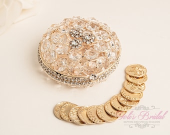 FAST SHIPPING!!! Beautiful Sparkling Gold Bridal Arras Set, Gorgeous Crystal Gold Round Wedding Box, Stunning Sparkle Bride Unity Coins