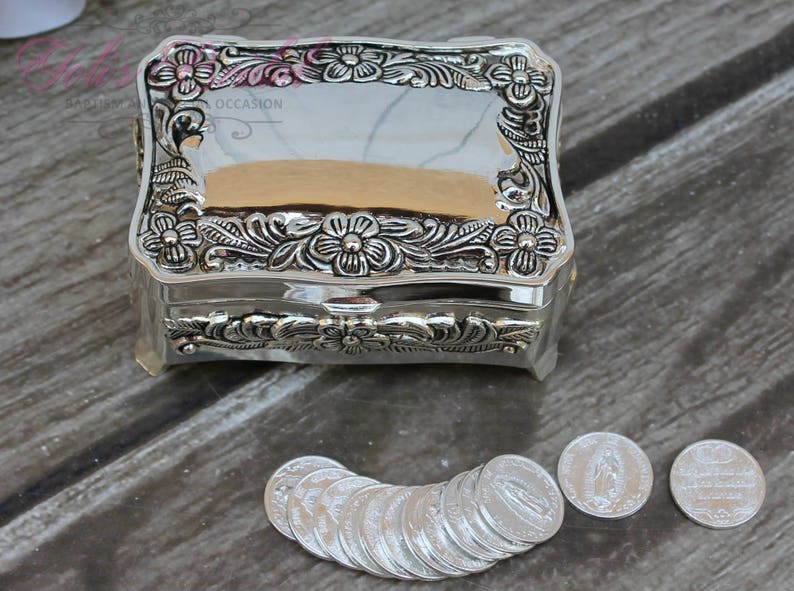 FAST SHIPPING Treasurer Chest Wedding Arras, Arras de Boda, Unity Coins, Silver Wedding Arras, 13 wedding Unity Coins, Ring Box, Jewelry image 2