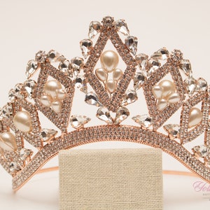 FAST SHIPPING!!! Rose Gold With Pearl Sparkling Tiara, Crown, Quinceañera, Sweet 16 Rose Gold Tiara, Crystal Tiara, Crown,  Quinceañera.