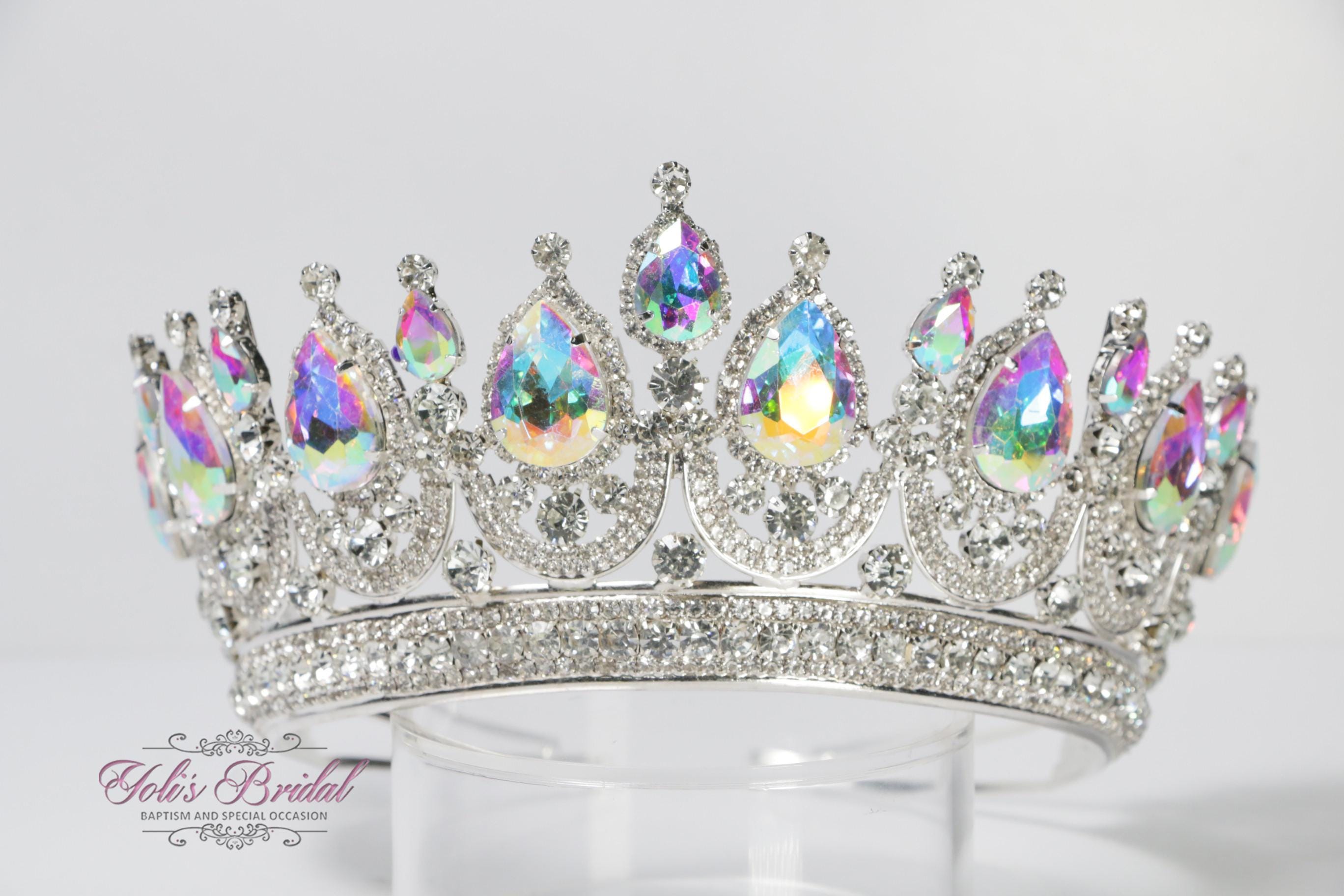 Iridescent Crystal Pageant Quinceanera Tiara Crown AB Iridescent Rhinestone Crystal Tiara Crown Bridal Pageant  main image 4