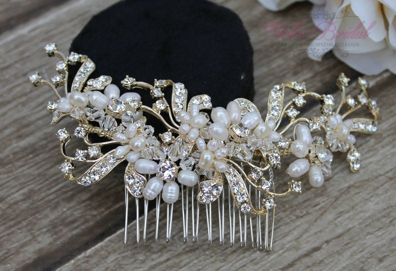 FAST Shipping Gold Bridal Hair Comb with Fresh Water image 1