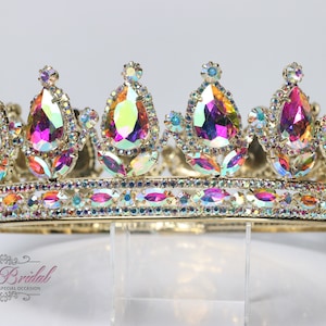 FAST SHIPPING!! Gold AB Round Crown, Royal Crown, Full Crown, Tiara, Wedding Crown, Crown, Quinceañera, Crystal Crown, Sweet 16, Pageant