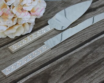 FAST SHIPPING!! Wedding Cake Server Set, Wedding Knife Set, Silver Wedding Cake Server Set, Wedding Gift, crystal Cake Server Set