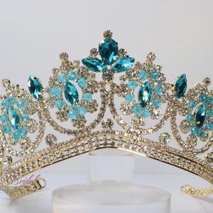 FAST SHIPPING! Gold with Turquoise Stones Tiara, Gorgeous Gold Tiara, Tall Blue Crown, Quinceañera Tiara, Blue Tiara, Beauty Peagent, Bridal