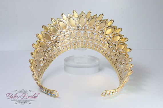 Arabian Crystal Bridal Tiara Set in AB Gold Amazon.com: Big Crown for Women Cubic Zirconia Gold Bride  main image 4