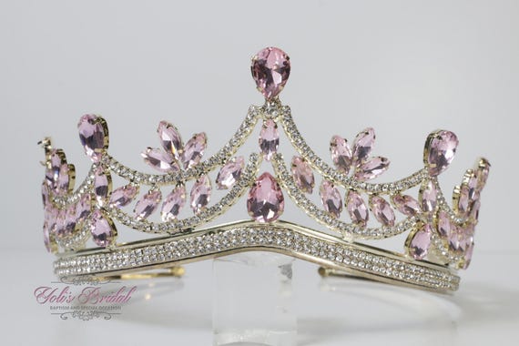 Gold Tiara with Pink Gem Accents FAST SHIPPING!!! Beautiful Gold Crown With Hot Pink Stones  main image 3
