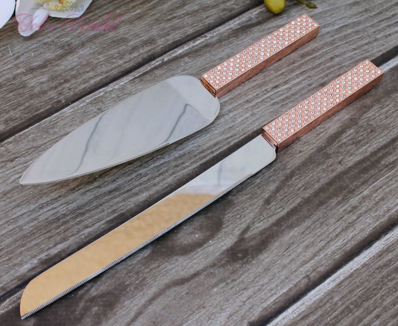 FAST SHIPPING Rose Gold Swarovski Crystal Cake Knife and Server Set, Wedding Cake Server and Knife, Rose Gold Cake Server and Knife image 1