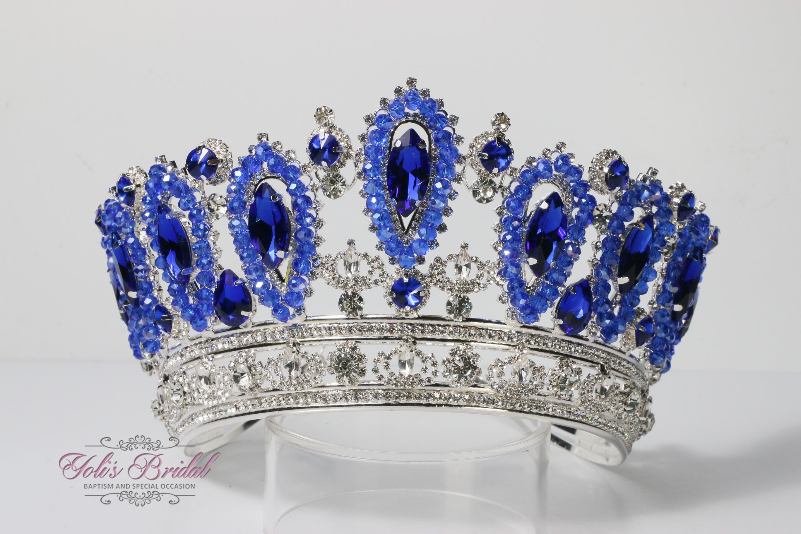 Elegant Silver Tone Tiara with Royal Blue beads. New in packaging! Sapphire Blue CZ Platinum Silver Plated Royal Wedding Tiara main image 4