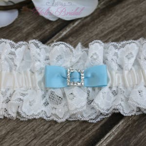 FAST Shipping Beautiful Ivory Wedding Garter, Bridal Garter, Garter, Rhinestones Garter, Something Blue, Blue Wedding Garter image 1