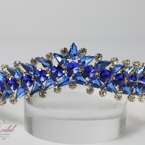 FAST SHIPPING! Gold and Royal Blue Tiara, Crystal Tiara, Wedding, Bridal Tiara, Sweet 16, Quinceañera, Tiara with Blue Stones