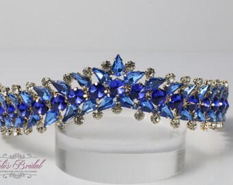 ¡ENVÍO RÁPIDO! Tiara de oro y azul real, Tiara de cristal, Boda, Tiara nupcial, Dulce 16, Quinceañera, Tiara con piedras azules