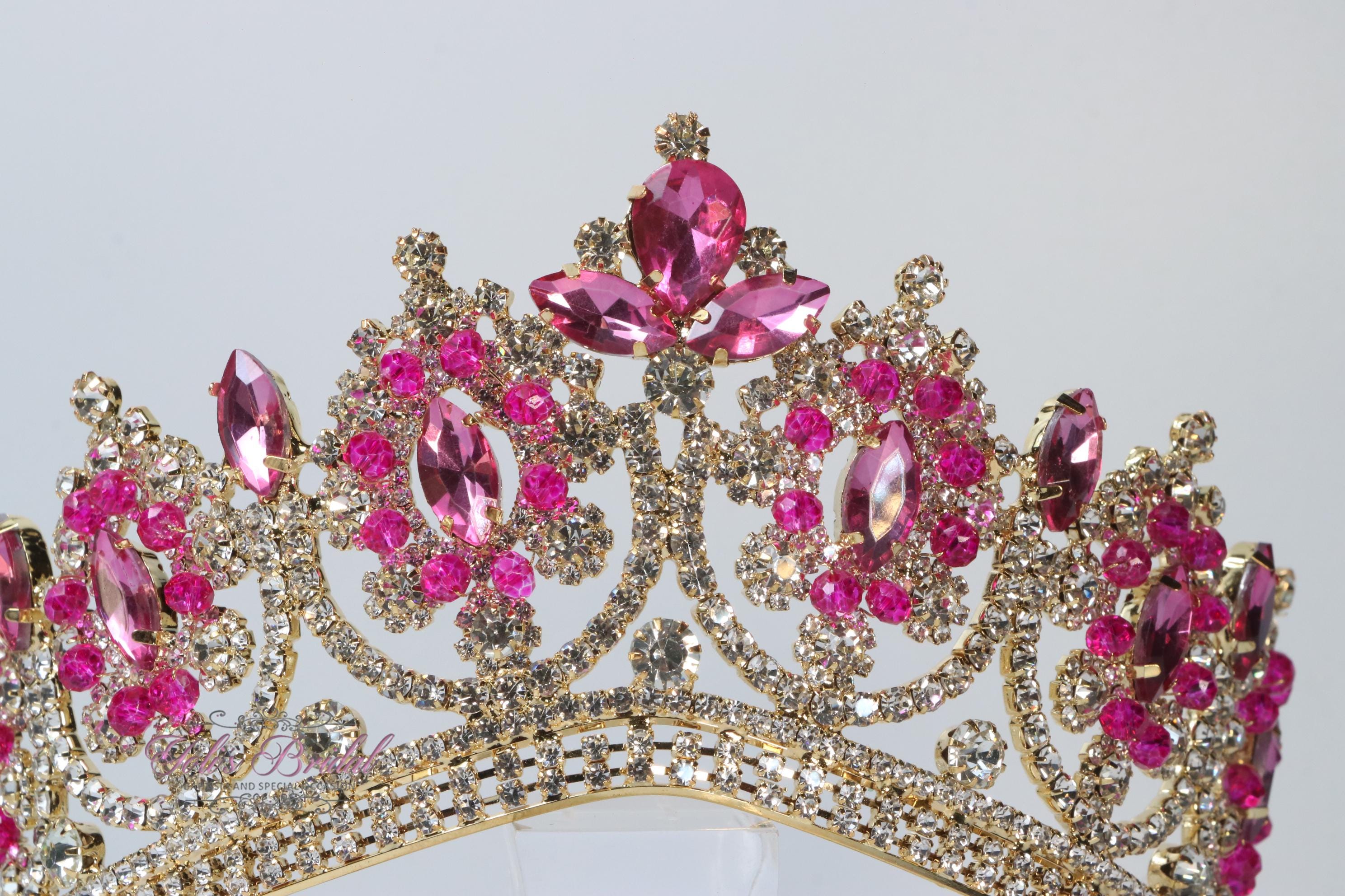 Fuchsia Gemstone Crown, Birthday Tiara, Wedding Headband, Prom Crown, Gold Tiara Amazon.com: Pink Rhinestone Princess Tiaras Fairy Bridal  main image 3