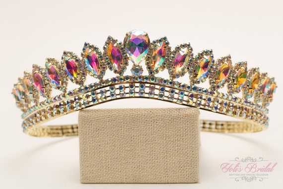 Gold Crystal Teardrop Bridal Tiara with Aurora Borealis Gems Amazon.com: Girls Birthday Gift Rapunzel Aurora Borealis  main image 3