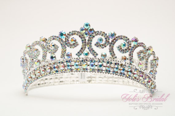 Quinceanera Crown, Rhinestone Crown, Large Crown, AB Crystal Crown, Silver Crown Multi Color 2.5 main image 4