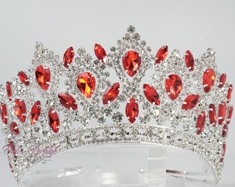 FAST SHIPPING!! Silver with Red Tiara, Gorgeous Silver Tiara, Silver Tiara with Red Stones, Tall Silver Tiara, Silver Crown, Red Crown