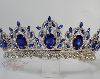 ¡ENVÍO RÁPIDO! Hermosa tiara dorada brillante con piedras azules, tiara de boda, tiara nupcial de cristal brillante, dulce 16, quinceañera, novia