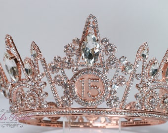 ¡ENVÍO RÁPIDO! Tiara Brillante de Oro Rosa, Tiara de Cristal, Corona de Quinceañera, Tiara Dulce 15, Tiara de Quinceañera