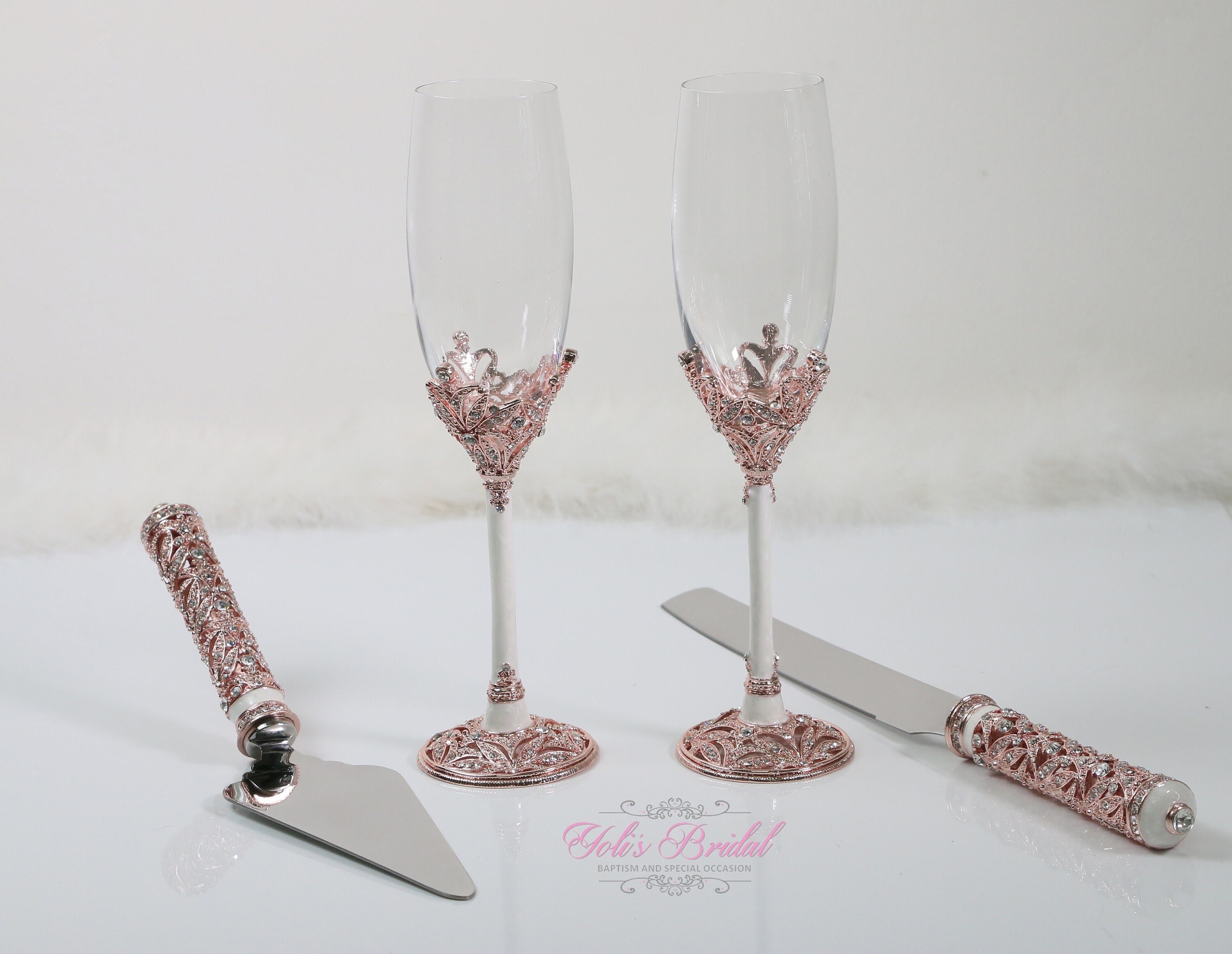 FAST SHIPPING!! Swarovski Crystal Wedding toast Set, Champagne Glasses, Weeding Toasting flutes, Cake server Set, Cake Knife and Server Set