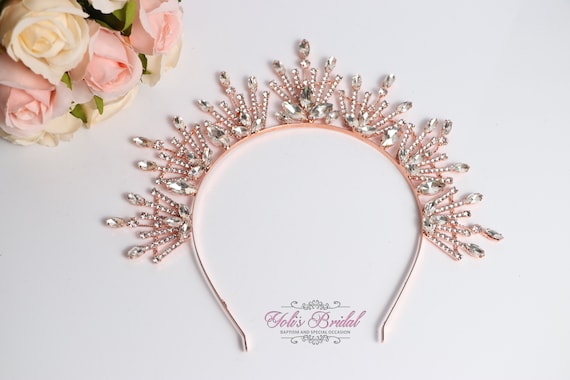 Gold Rose and Crystal Head Band Crown Buy BELLE Wide Rose Gold with Rose Gold Crystals Simulated  main image 4
