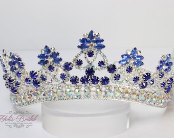 ¡¡Envío rápido!! Plata y azul con tiara de piedras AB, hermosa tiara plateada, impresionante tiara de niña brillante, niña princesa de comunión, tiara AB