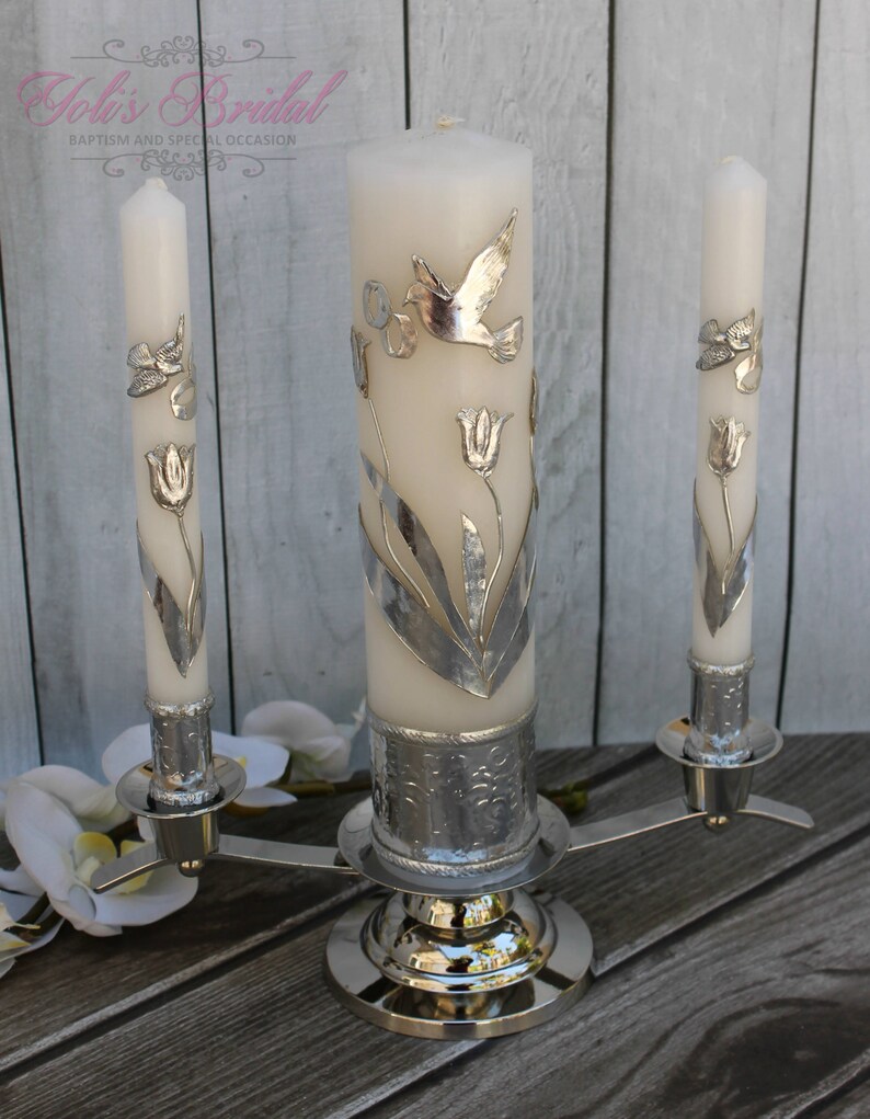 FAST SHIPPING Beautiful Silver Unity Candle Set with Silver Base Included in a Gorgeous Deluxe Box. Introductory Price until July 15th. image 1