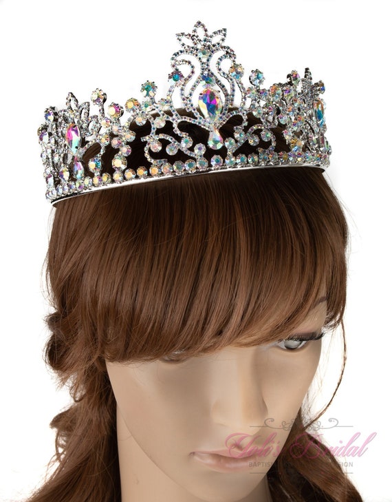 Quinceanera Crown, Rhinestone Crown, Large Crown, AB Crystal Crown, Silver Crown Multi Color 2.5 main image 3