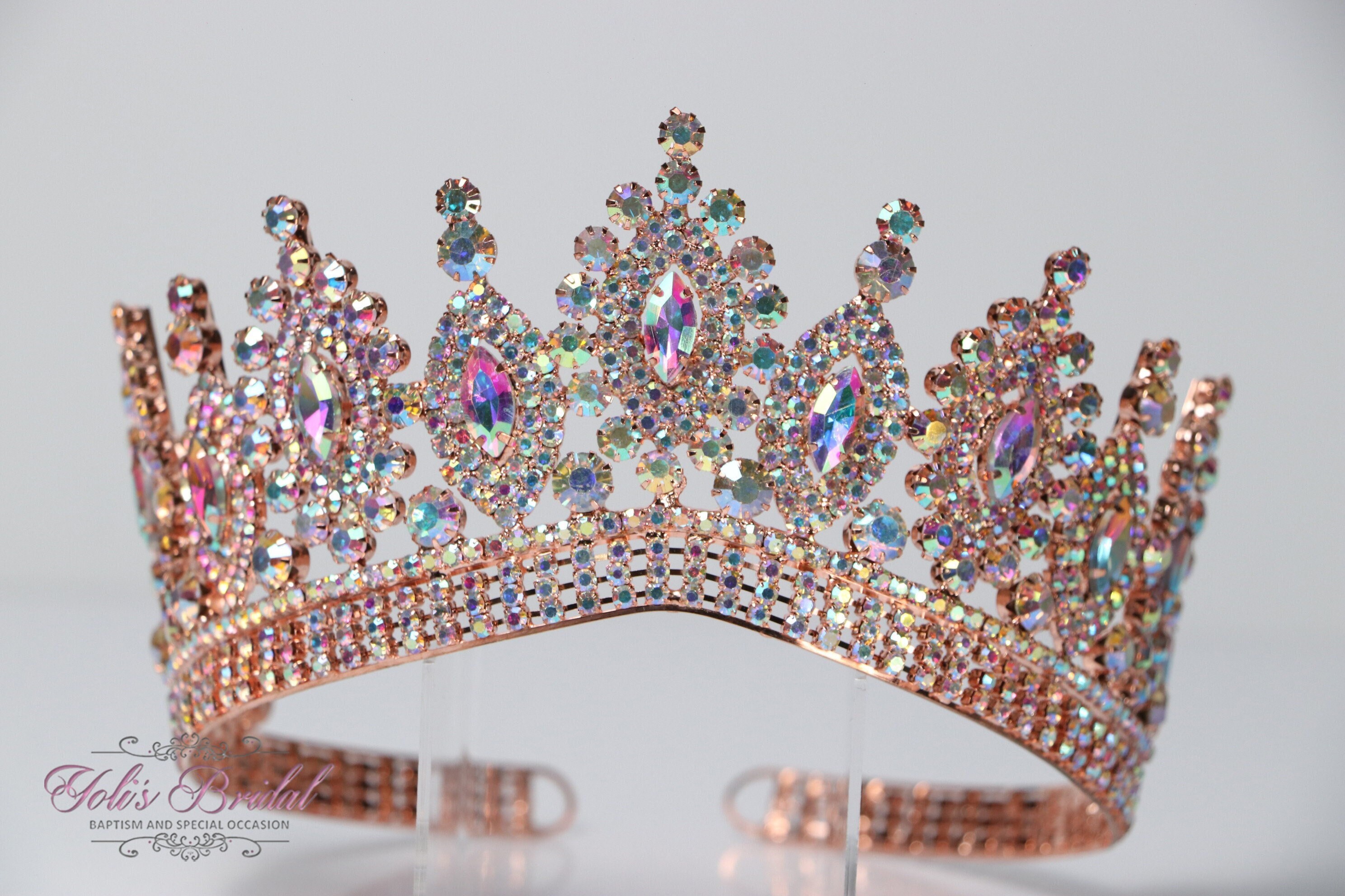 Rose Gold AB Stones Tiara Corona Crown Quinceanera Bridal Adjustable Pin In‎ PINK Quinceanera Tiara Crown, Gold, Silver & Rose Gold  main image 4